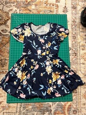Acevog Navy Floral Casual Fit-and-Flare Dress with Pink & Yellow Blooms